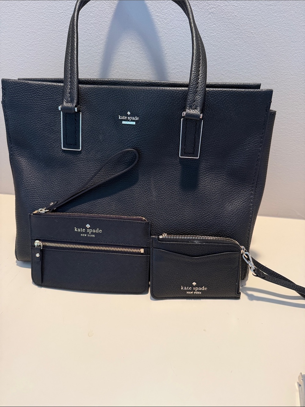 kate spade Black Pebbled Leather Shoulder Tote with Silver Hardware 2 bonuses